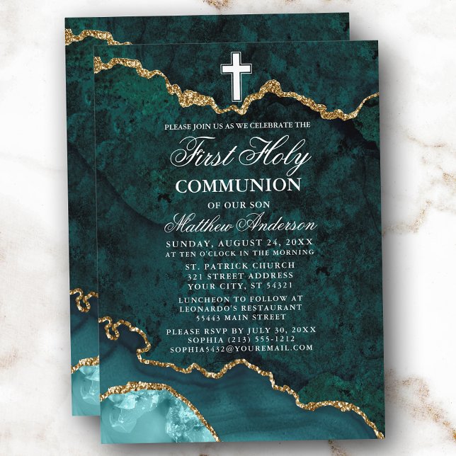 Teal Gold Marble Agate Geode First Holy Communion Invitation (Customize to change text size, style or to add more text or photos to back of card.)