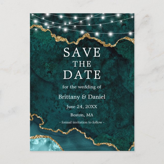 Teal Gold Marble Agate Geode Lights Save The Date Announcement Postcard (Front)