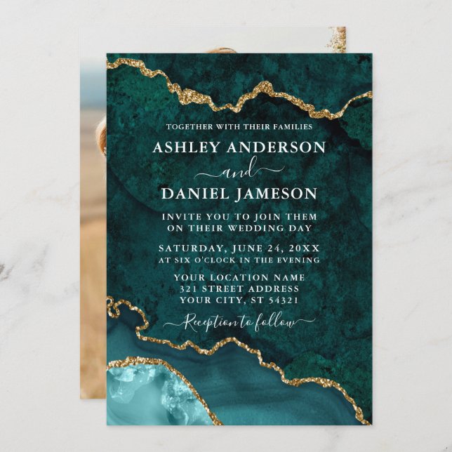 Teal Gold Marble Agate Geode Photo Wedding Invitation (Front/Back)