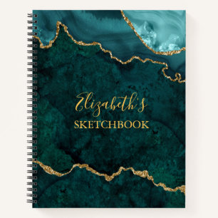 Teal Gold Marble Agate Geode Sketchbook Notebook