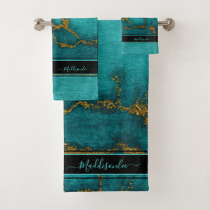 Teal Gold Marble Agate Monogram Name Custom Bath T Towel Set