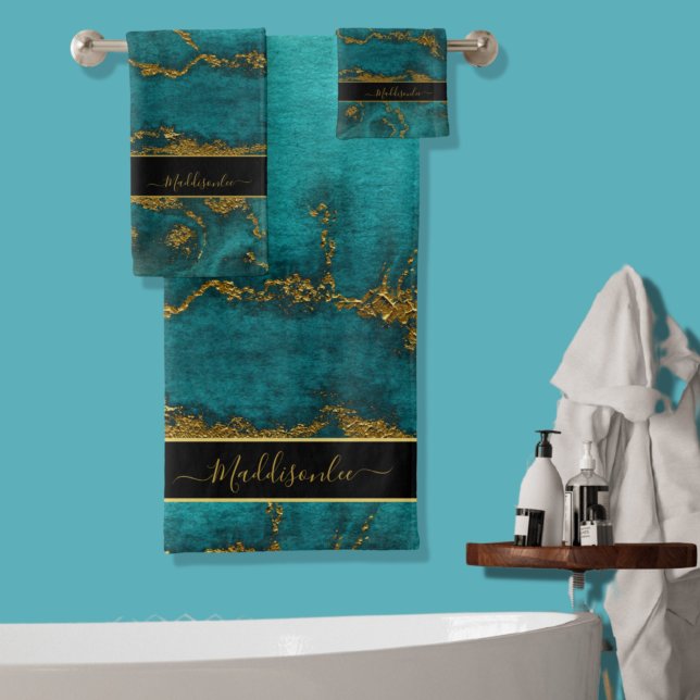 Teal Gold Marble Agate Monogram Name Custom Bath Towel Set (Creator Uploaded)