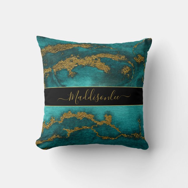 Teal Gold Marble Agate Monogram Name Custom Beach  Throw Pillow (Front)