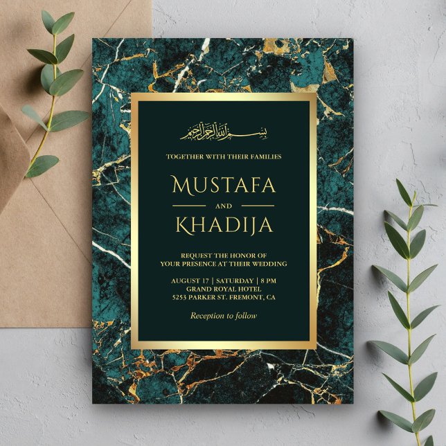 Teal Gold Marble Faux Gold Foil Islamic Wedding Invitation (Creator Uploaded)