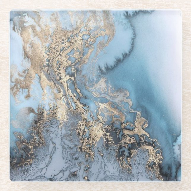 Teal Gold Marble Metallic Glass Coaster (Front)