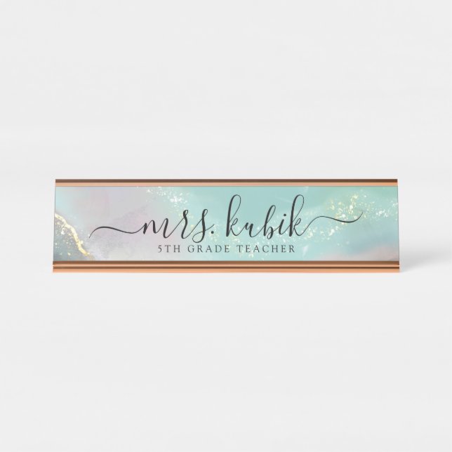 Teal & Gold Marble Personalized Desk Name Plate (Front)