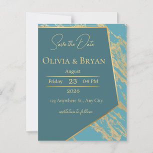 Teal & Gold Marble Save the Date Card Elegant Mo
