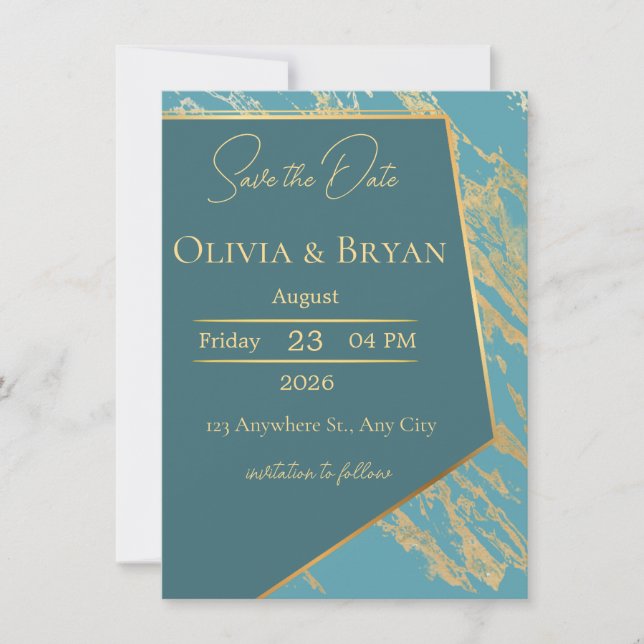 Teal & Gold Marble Save the Date Card | Elegant Mo (Front)