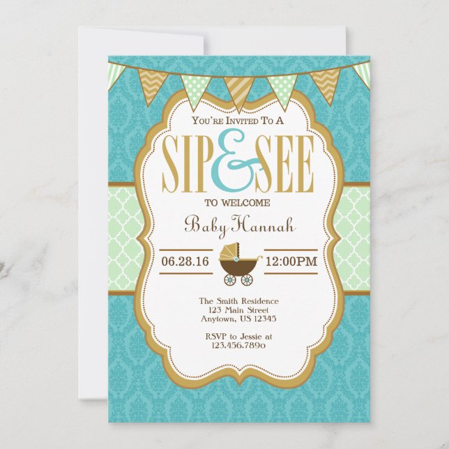 Teal Gold Mint Green Sip And See Invitation (Front)
