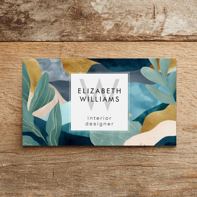 Teal Gold Modern Abstract Monogram Business Cards (Créateur téléchargé)