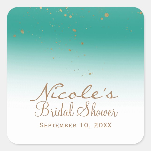 Teal & Gold Modern Glam Bridal Shower Party Square Sticker (Front)