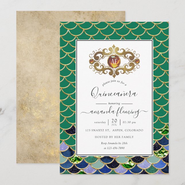 Teal & Gold Monogram Gemstone Mermaid Quinceañera Invitation (Front/Back)