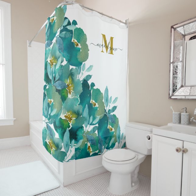 Teal Gold Monogram Name Watercolor Floral  (In Situ)