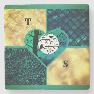 Teal & Gold Moonlight Birds Stone Coaster