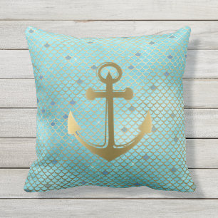 Teal Gold Nautical Anchor Mermaid Scales Outdoor Pillow