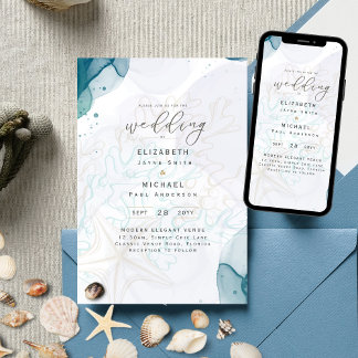 Teal Gold Ocean Life Beach Teal Wedding Invitation