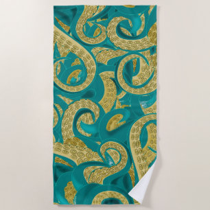 Teal Gold Octopus Beach Towel