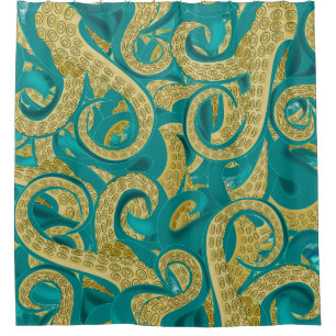 Teal Gold Octopus Shower Curtain