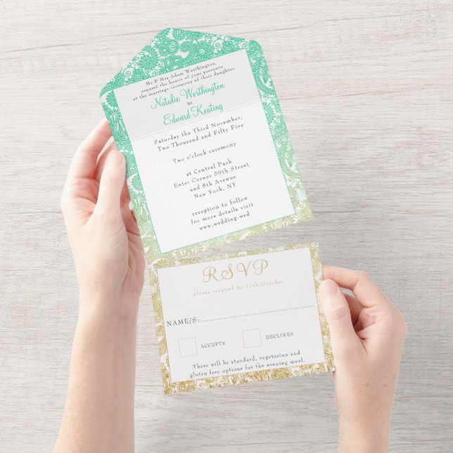 Teal Gold Ombre Paisley Henna Wedding RSVP All In One Invitation (Tearaway)