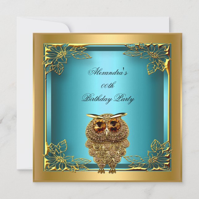 Teal Gold Owl Elite Elegant Birthday Party Invitation (Front)