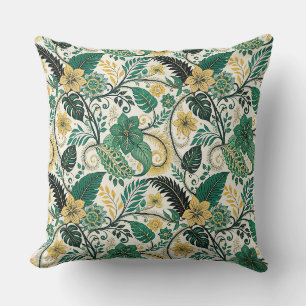 Teal & Gold Paisley Floral Botanical Vines Pattern Throw Pillow