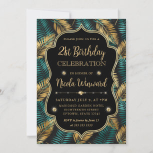 Teal Gold Palm Leaf Elegant Black Birthday Invitation
