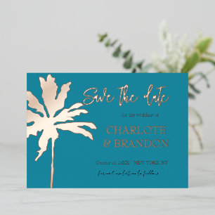 Teal Gold Palm Tree Beach Wedding Save The Date 