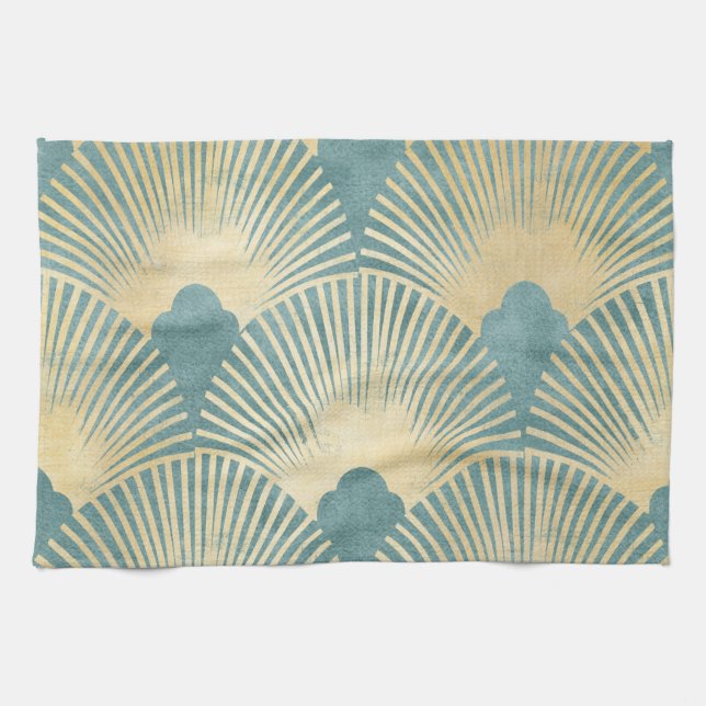 Teal gold pattern,fan feather pattern,Art Deco chi Kitchen Towel (Horizontal)