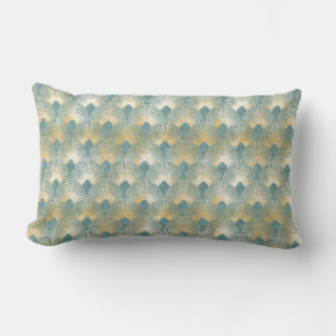 Teal gold pattern,fan feather pattern,Art Deco chi Lumbar Pillow