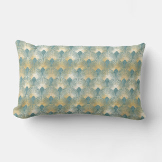 Teal gold pattern,fan feather pattern,Art Deco chi Lumbar Pillow