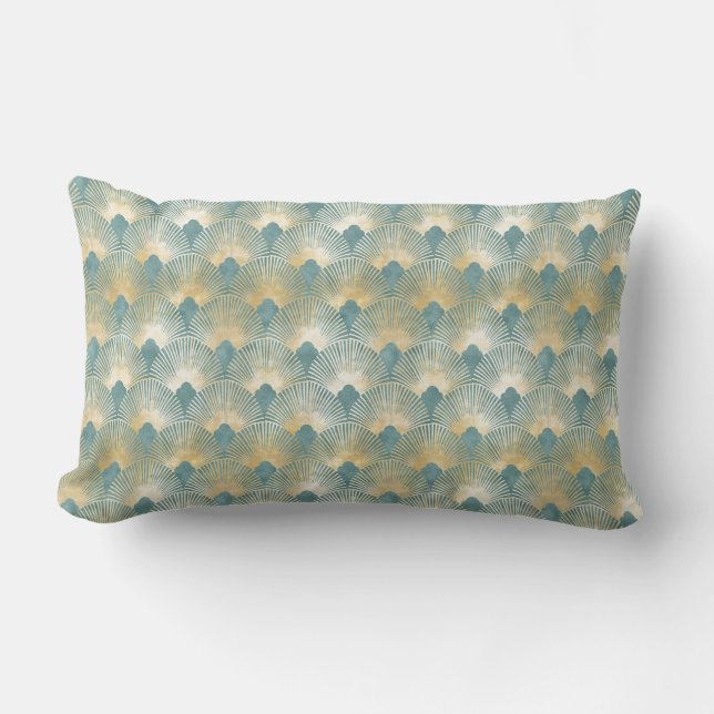 Teal gold pattern,fan feather pattern,Art Deco chi Lumbar Pillow (Front)