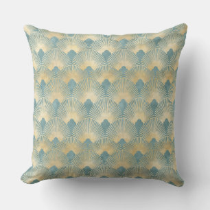 Teal gold pattern,fan feather pattern,Art Deco chi Outdoor Pillow