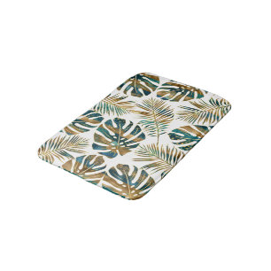 Teal, gold patterned tropical leaves brush strokes bath mat