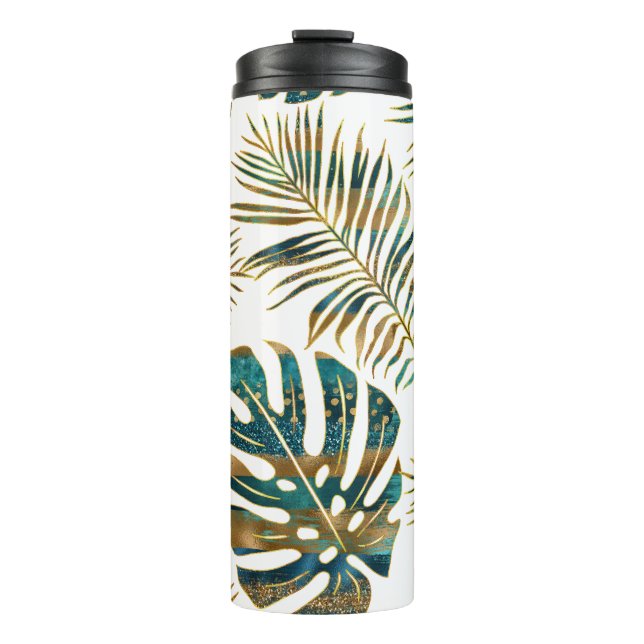 Teal, gold patterned tropical leaves brush strokes thermal tumbler (Front)