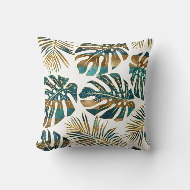 Teal gold patterned tropical leaves brush strokes throw pillow (Front)
