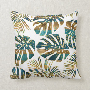 Teal gold patterned tropical leaves brush strokes throw pillow