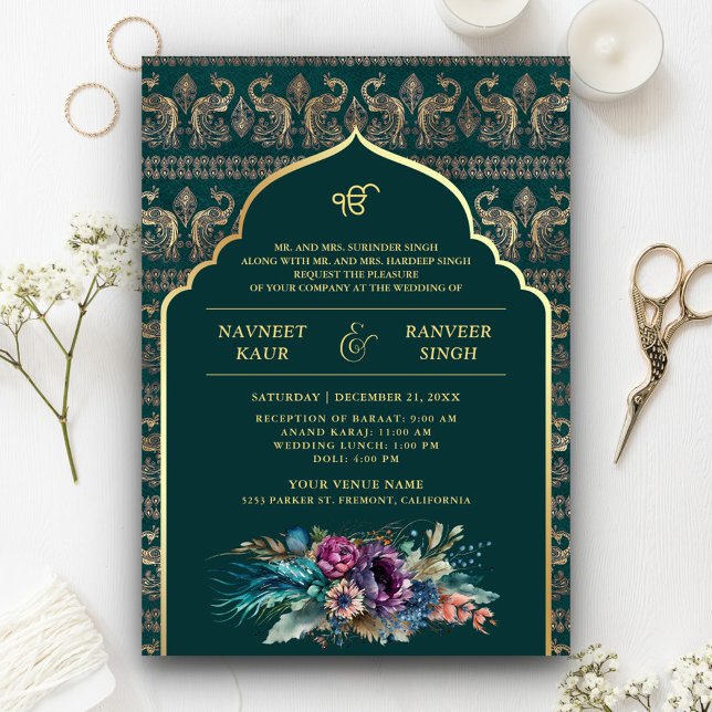 Teal Gold Peacock Anand Karaj Sikh Wedding Invitation (Creator Uploaded)