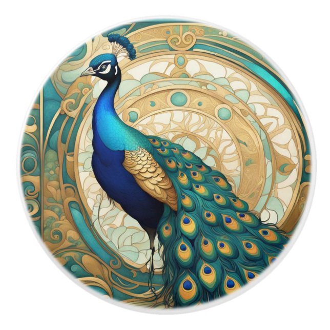 Teal Gold Peacock Bird Art Nouveau Art Deco Ceramic Knob (Front)
