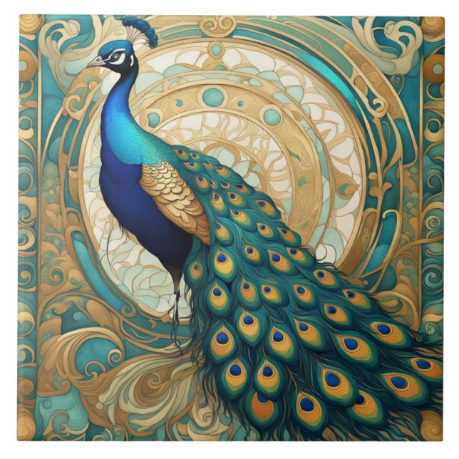 Teal Gold Peacock Bird Art Nouveau Art Deco Tile (Front)