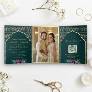 Teal Gold Peacock Pattern Floral Indian Wedding Tri-Fold Invitation