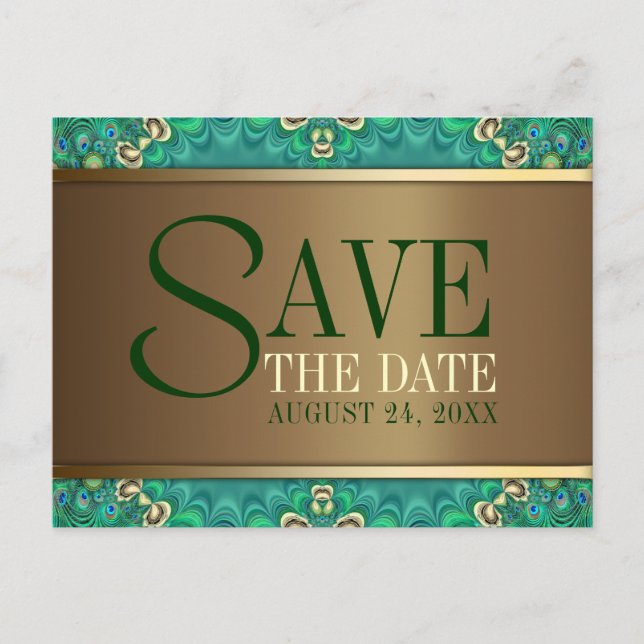 Teal Gold Peacock Save the Date Postcard (Front)