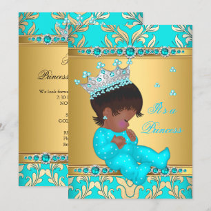 Teal Gold Pearl Princess Baby Shower Ethnic Invitation