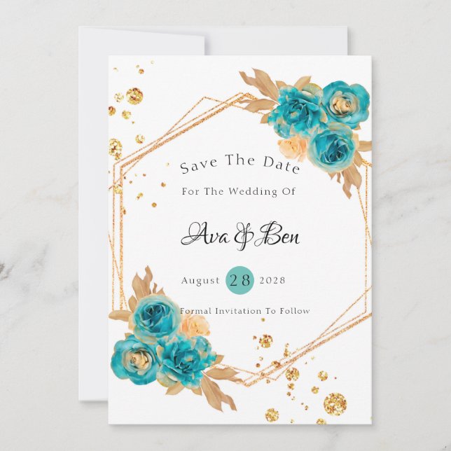 Teal Gold Peony Geometric Save The Date Card (Front)