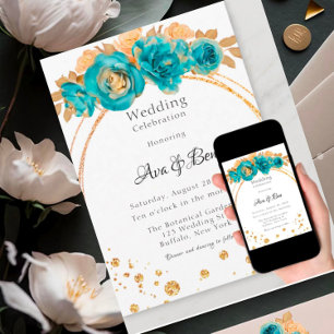 Teal Gold Peony Geometric Wedding Celebration  Invitation