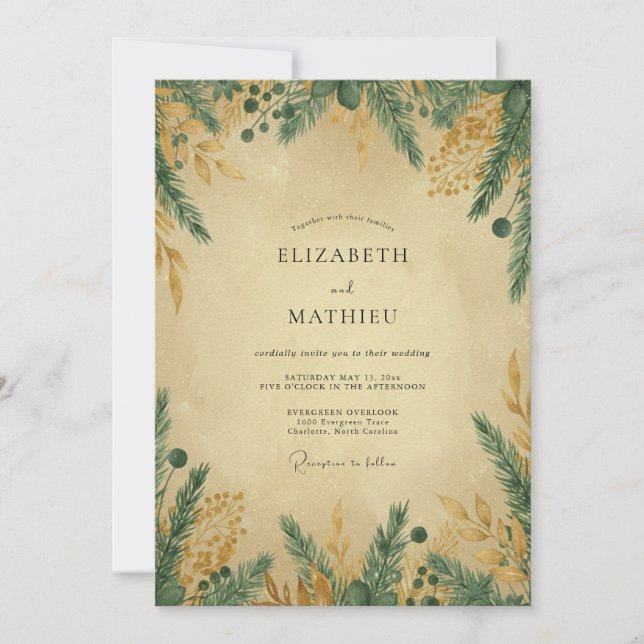 Teal Gold Pine Eucalyptus Wedding Invitation (Front)