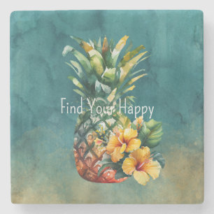 Teal Gold Pineapple Hibiscus Tropical Flowers Stone Coaster