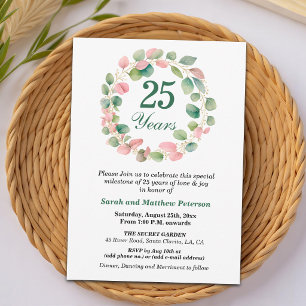 Teal Gold Pink Eucalyptus 25th Wedding Anniversary Invitation