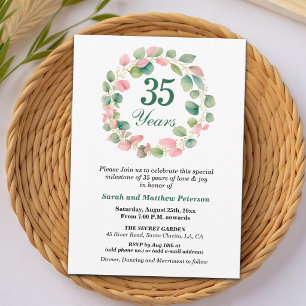 Teal Gold Pink Eucalyptus 35th Wedding Anniversary Invitation