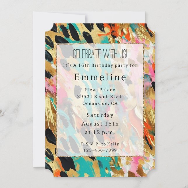 Teal gold Pink Leopard Paint Invitation (Front)