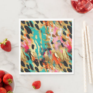 Teal gold Pink Leopard Paint Napkin
